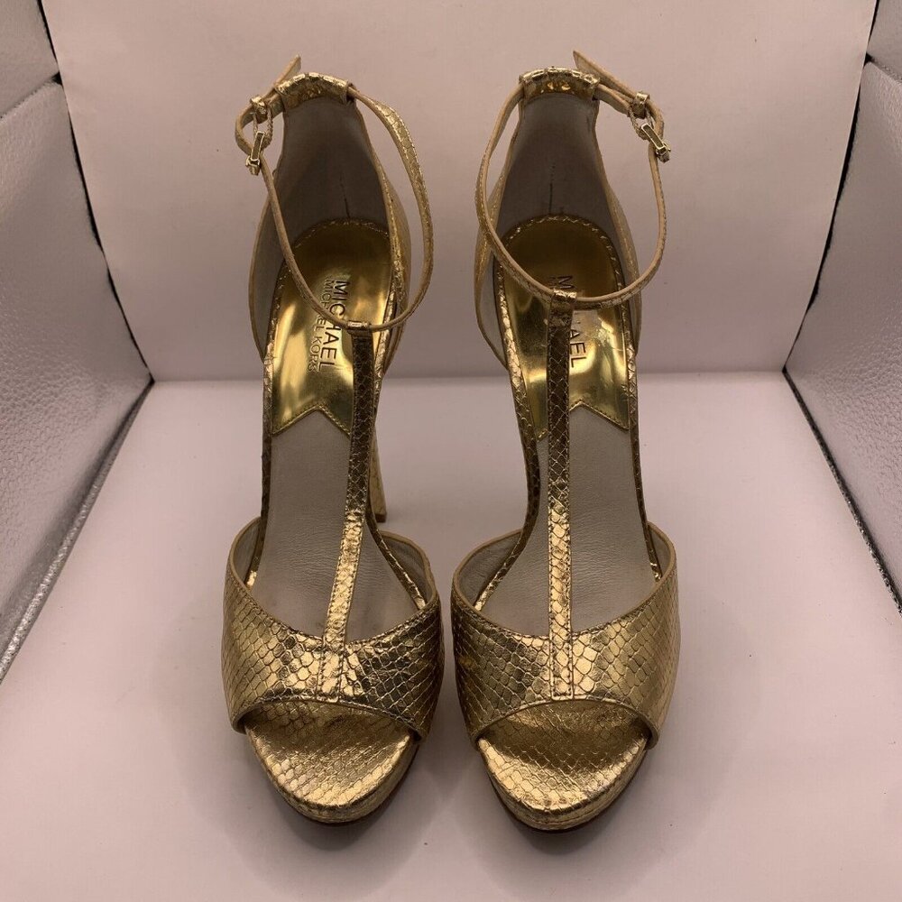 Michael Kors Brenna T Strap Peep Toe Sandal metallic gold High Heels Sz 9.5M E2 - Picture 4 of 7